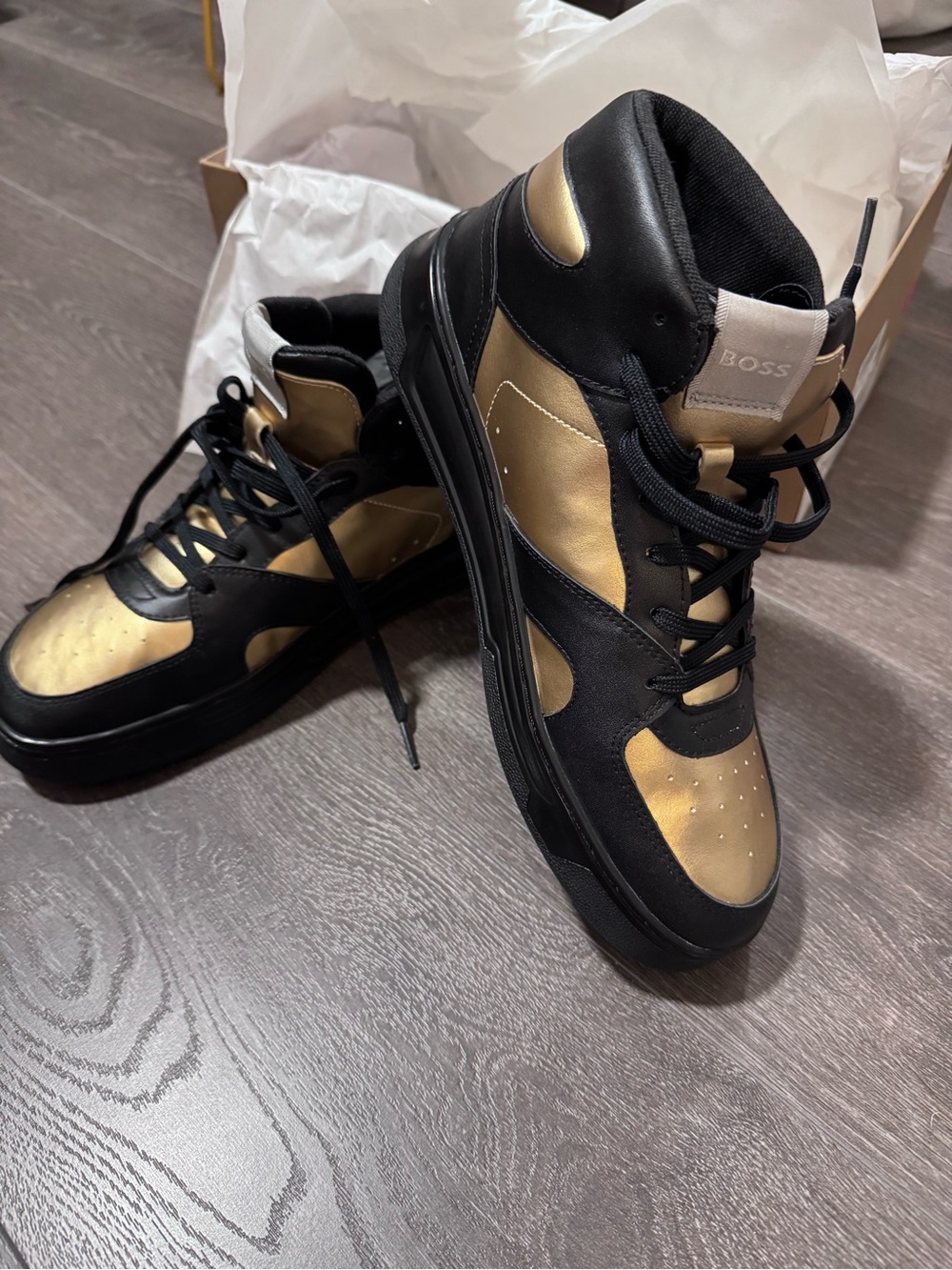 Hugo Boss Unisex High-Top Sneakers in Black and Gold